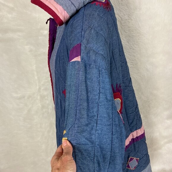 Vintage 80s 90s Denim Hooded Sun Embroidered Patchwork Denim Quilted Jacket L - Picture 6 of 12
